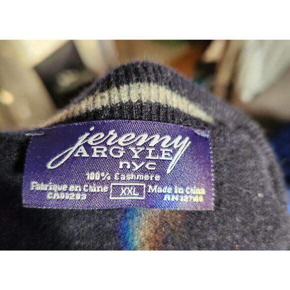 100% Cashmere Jeremy Argyle NYC Navy V-neck Sweater Size 2XL - Picture 3 of 4